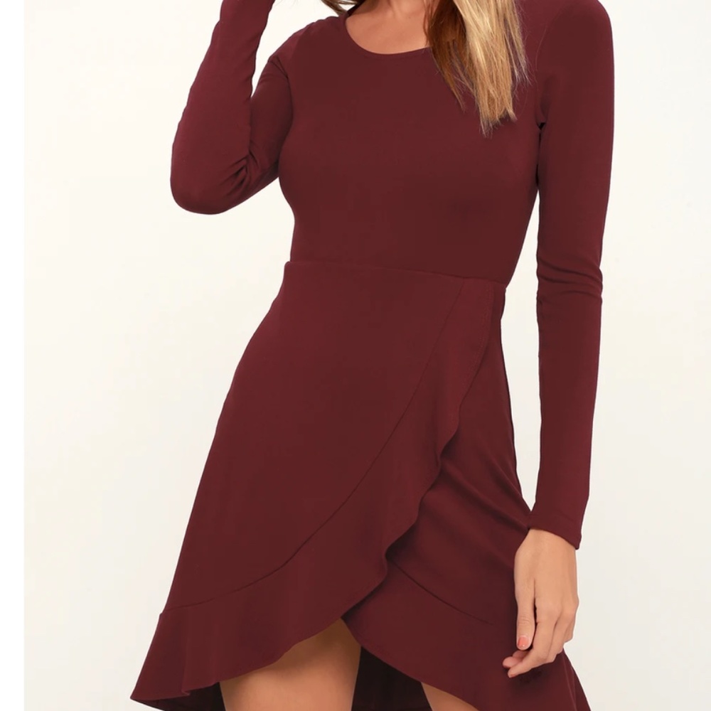 Lulu's Compliment Catcher Burgundy Long Sleeve Mini Dress